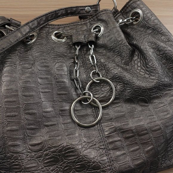 Crocodile Bag Leather Shoulder Gray Bucket Purse Embossed Studded Exotic Faux - Picture 14 of 15